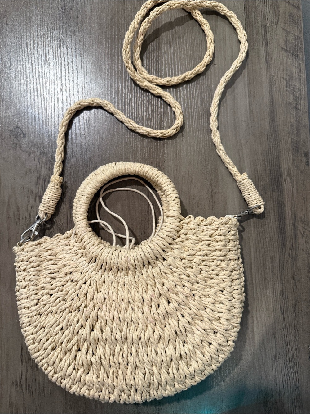Handwoven Round Straw Crossbody Bag in Natural Beige